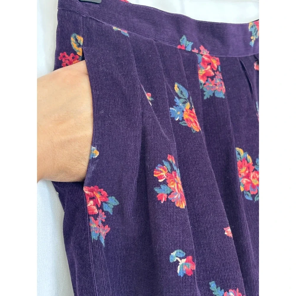 Vintage 90's Purple Floral‎ Corduroy Pleated Midi Skirt Sz 8 Cottagecore